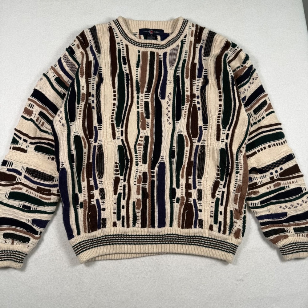 Vtg Cotton Traders Mens 3D Textured Knit Sweater Cotton Earth Tone Coogi Style